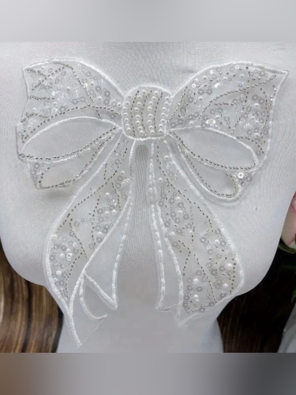 White Pearls Sequins Appliqué Bow Craft & Clothing Embellishment New